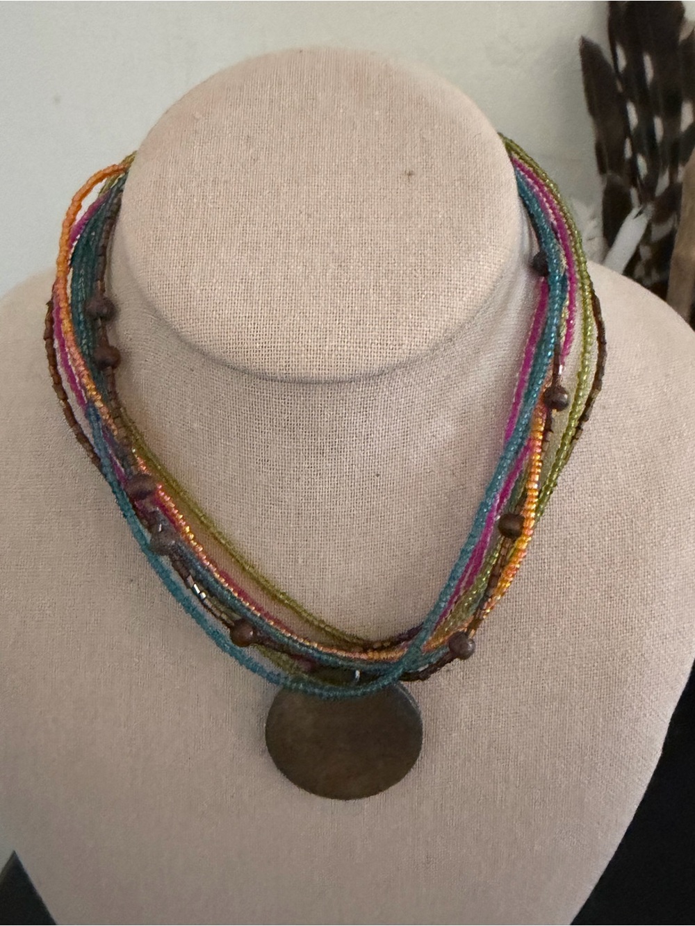 Vintage Turquoise Pink Green Multistrand Beaded Wood Pendant Necklace